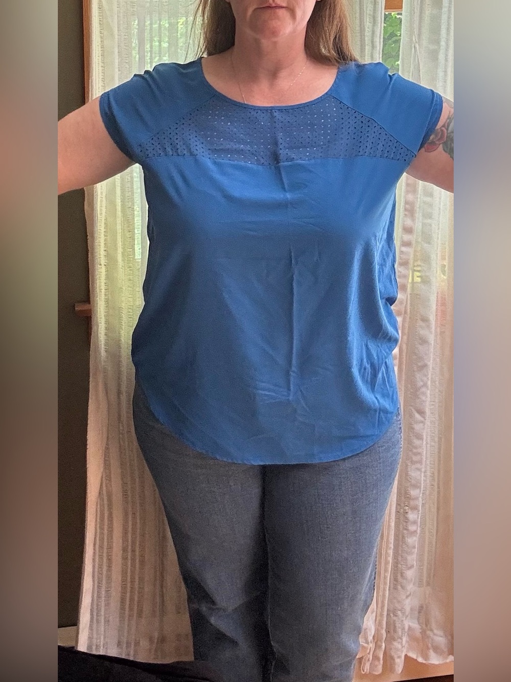 Ava & Viv Royal Blue Cap Sleeve Top with Eyelet Yoke